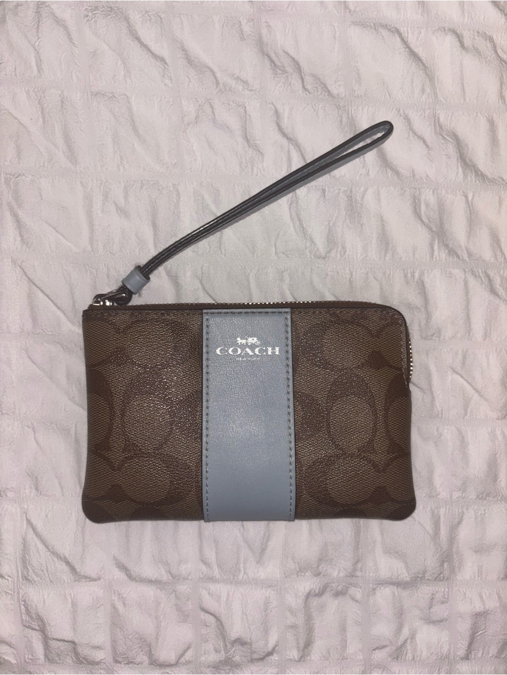 Coach Brown Signature Wristlet with Light Blue Center Stripe